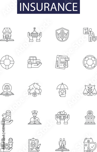 Insurance line vector icons and signs. Coverage, Risk, Liability, Protect, Underwrite, Deductible, Surety, Reinsurance outline vector illustration set