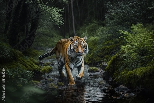 Young Siberian tiger, Panthera tigris altaica, walking in a forest stream against dark green spruce forest. Tiger among water drops in a typical taiga environment. Direct view, AI generated © Image Bank