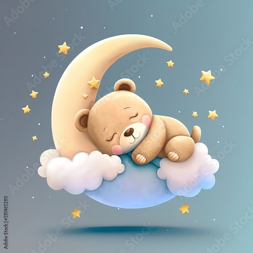 Cute baby bear sleeping on crescent moon with clouds and stars. Adorable bear napping digital art illustration