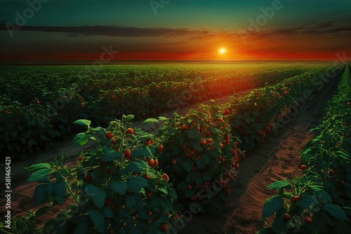 Green agriculture field in sunset. Tomatoes field. South Ukraine agriculture field. Generative AI
