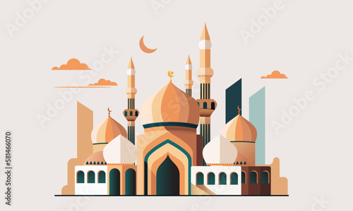 a stylized of a muslim mosque,a flat design of a masjid for Islamic organizations or communities,Beautiful Islam temple icon,crescent and cloud,Vector Illustration,Eid Mubarak greetings,Ramadan Kareem