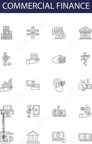 Commercial finance line vector icons and signs. Commercial, Loans, Credit, Banking, Investments, Creditworthiness, Securities, Mergers outline vector illustration set