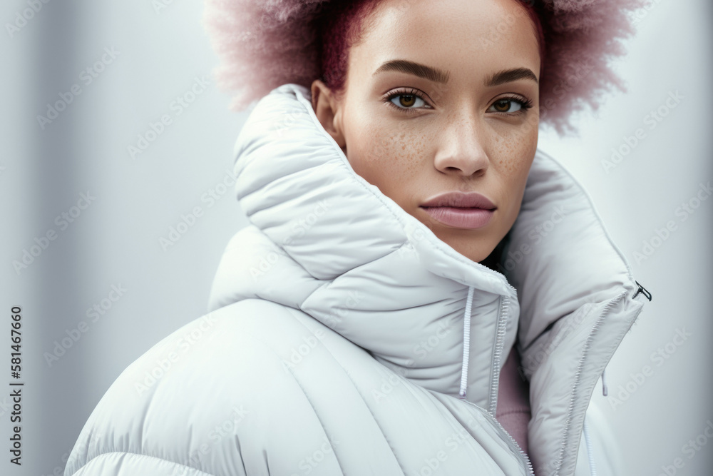 Beautiful black woman with a pink afro hairstyle in a blue modern down jacket on the background of the city. Winter fashion 2024. Photorealistic drawing generative AI.