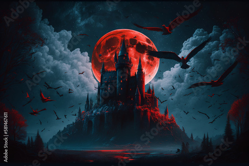 Aesthetic fantasy castle in forest at moonlit night, bats and foggy environment, digital illustration artwork.