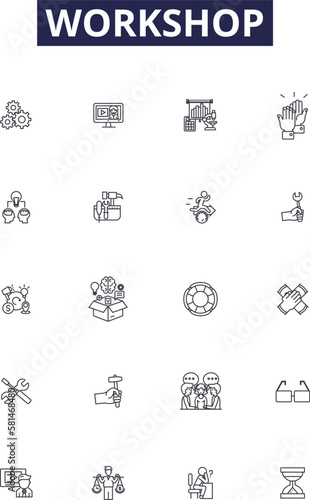 Workshop line vector icons and signs. Tutorial, Symposium, Conference, Instructional, Courses, Training, Skillshare, Forum outline vector illustration set
