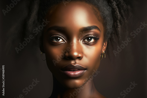 Fashion portrait beautiful black woman with natural makeup in dark studio lighting. Generative AI illustration