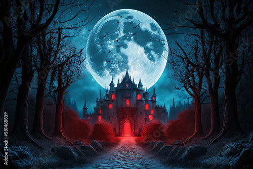 Fantasy castle in the moonlight night landscape background, Digital Illustration artwork. © Illustration