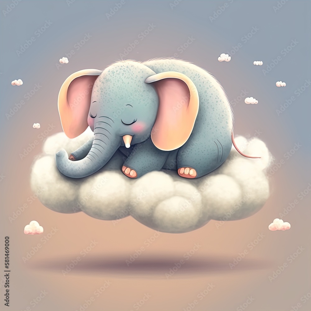 Cute baby elephant sleeping on clouds. Adorable elephant napping