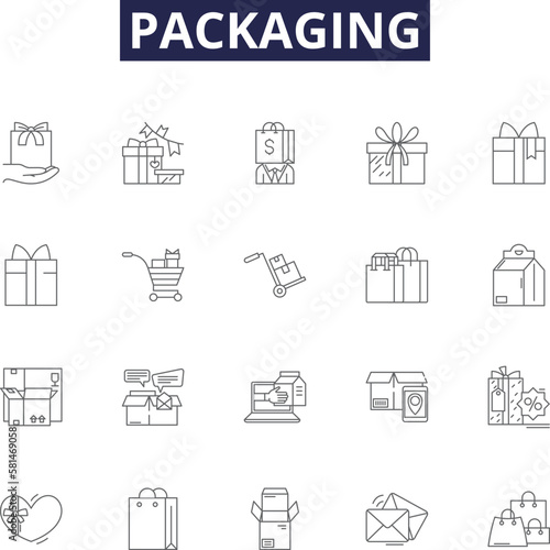 Packaging line vector icons and signs. Packing, Casing, Cartoning, Sealing, Crating, Containing, Labeling, Shipping outline vector illustration set