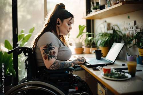 Woman in a wheelchair working, handicap and disability. generate by ai