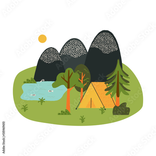 Camping landscape with a mountain lake, nature recreation set. Touristic tent near a mountain lake, mountains, trees.