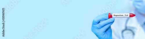 Doctor holding a test blood sample tube with Magnesium test..Banner. Copy space for text