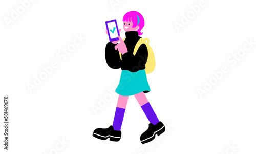 チェック画面のスマホを見てホッとする女性のイラスト
