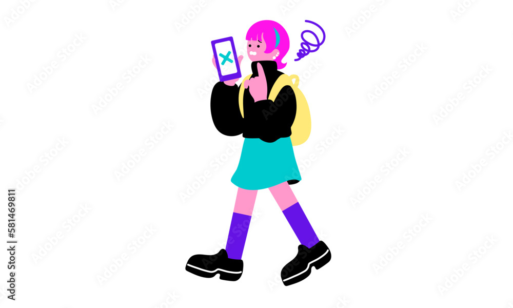 Fototapeta premium スマートフォンを持ってこまる表情の女性のイラスト