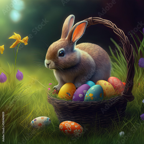 Cute little Easter bunny sitting in basket with decorated eggson green grass background. Easter Card concept. AI generative vertical image photo