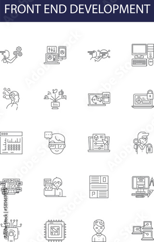 Front end development line vector icons and signs. CSS, JavaScript, JQuery, React, Angular, AJAX, DOM, Bootstrap outline vector illustration set