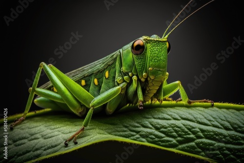 Close up of a green grasshopper on a green plant. Close up photography. Generative AI © AkuAku
