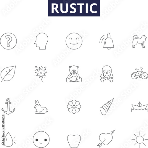 Rustic line vector icons and signs. bucolic, rural, uncivilized, unsophisticated, primitive, coarse, rusticated, homespun outline vector illustration set