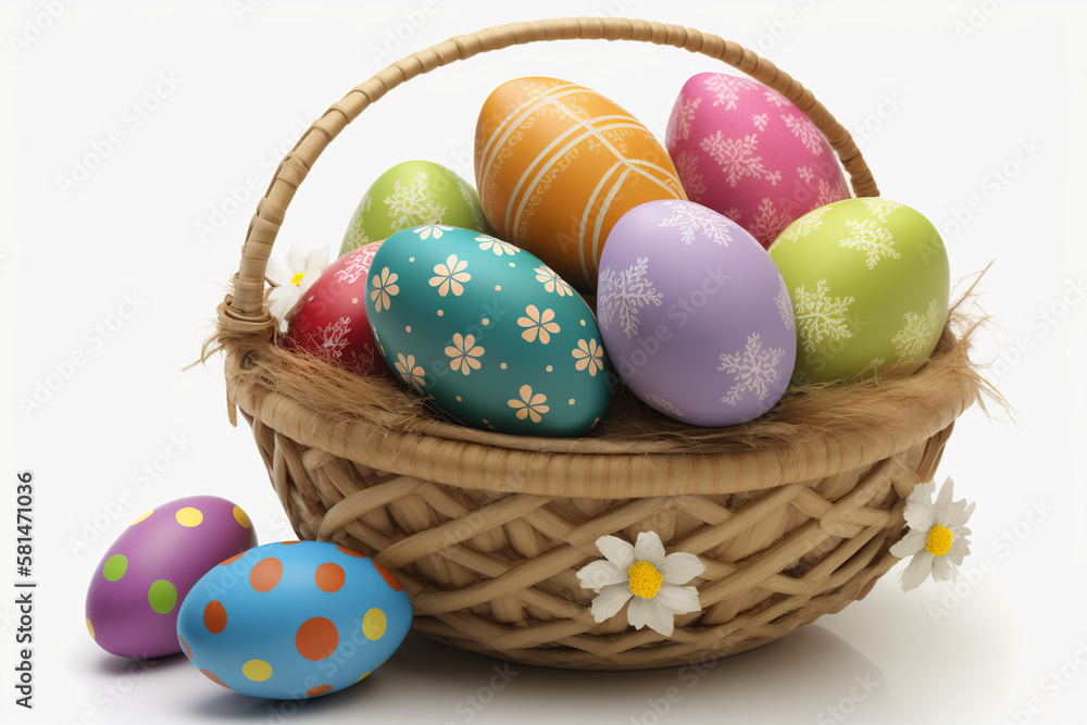 Frohe Ostern, Ostereier im Korb, weißer Hintergrund Frohe Ostern, Ostereier im Korb, weißer Hintergrund