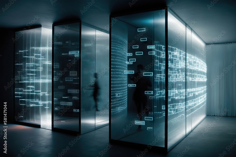 Generative AI illustration of contemporary server room with glass walls Generative AI illustration of contemporary server room with glass walls