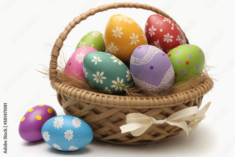 Frohe Ostern, Ostereier im Korb, weißer Hintergrund Frohe Ostern, Ostereier im Korb, weißer Hintergrund