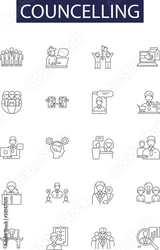 Councelling line vector icons and signs. Advice, Guidance, Psychotherapy, Therapy, Talking, Listening, Mentoring, Support outline vector illustration set photo