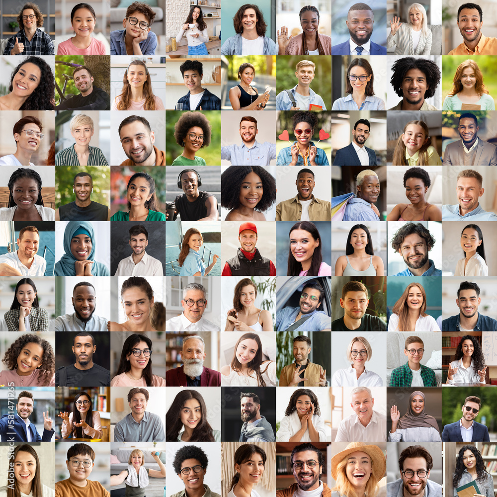 Collage of happy multiracial people avatars on various backgrounds Collage of happy multiracial people avatars on various backgrounds