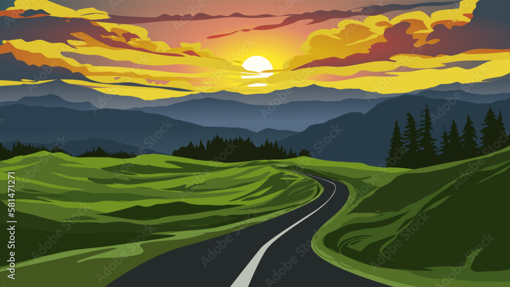 Vector illustration of sunset with empty winding road toward mountains