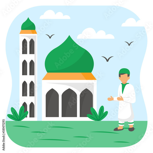 Muslim Kids going to Mosque concept,  Eid Prayer vector icon Design, Ramazan and Eid al-Fitr Symbol, Islamic and Muslims fasting Sign, Arabic holidays celebration stock illustration