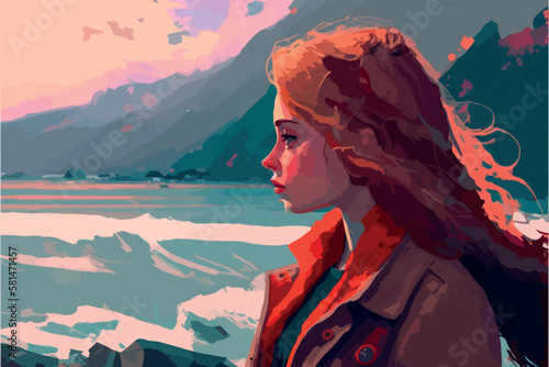 Lofi girl illustration. Young woman looking in the distance. Cartoon drawing of chill relaxed lady. Atmospheric drawing. Happy hiphop lady listening to music headphone. Calm soothing light in nature. 