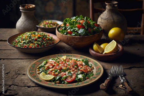 On a rustic background, plates of the traditional Arabic salads fattouch and tabbouleh may be seen. Generative AI