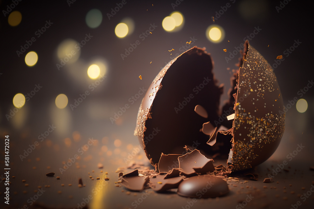 Cracked chocolate Easter egg on a simple background with copy space for ...