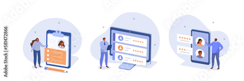 Recruitment illustration set. Hr manager searching potential job candidates and planning human resources. Job seeker writing CV and applying for work position. Hiring concept. Vector illustration.