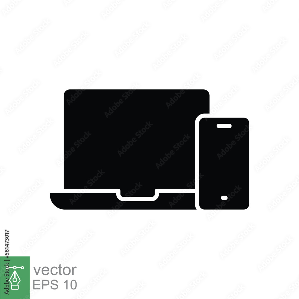 Laptop and mobile phone icon. Simple solid style. Desktop, device, screen, display, smartphone, responsive concept. Black silhouette symbol. Vector illustration isolated on white background. EPS 10. Laptop and mobile phone icon. Simple solid style. Desktop, device, screen, display, smartphone, responsive concept. Black silhouette symbol. Vector illustration isolated on white background. EPS 10.