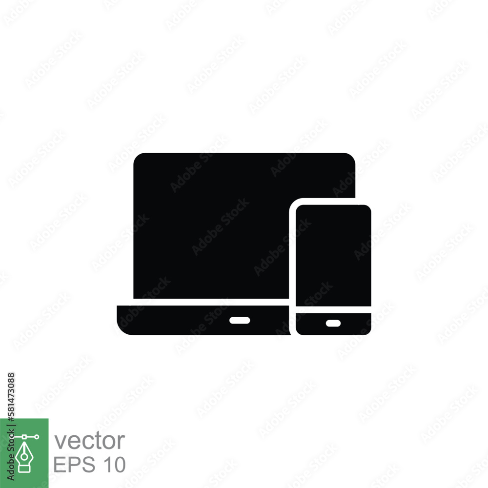 Laptop and mobile phone icon. Simple solid style. Desktop, device, screen, display, smartphone, responsive concept. Black silhouette symbol. Vector illustration isolated on white background. EPS 10. Laptop and mobile phone icon. Simple solid style. Desktop, device, screen, display, smartphone, responsive concept. Black silhouette symbol. Vector illustration isolated on white background. EPS 10.