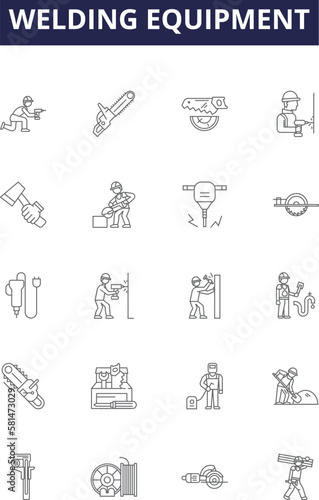 Welding equipment line vector icons and signs. Torch, Shielding, Gas, Grinder, Pliers, Rod, Brazing, Clamps outline vector illustration set