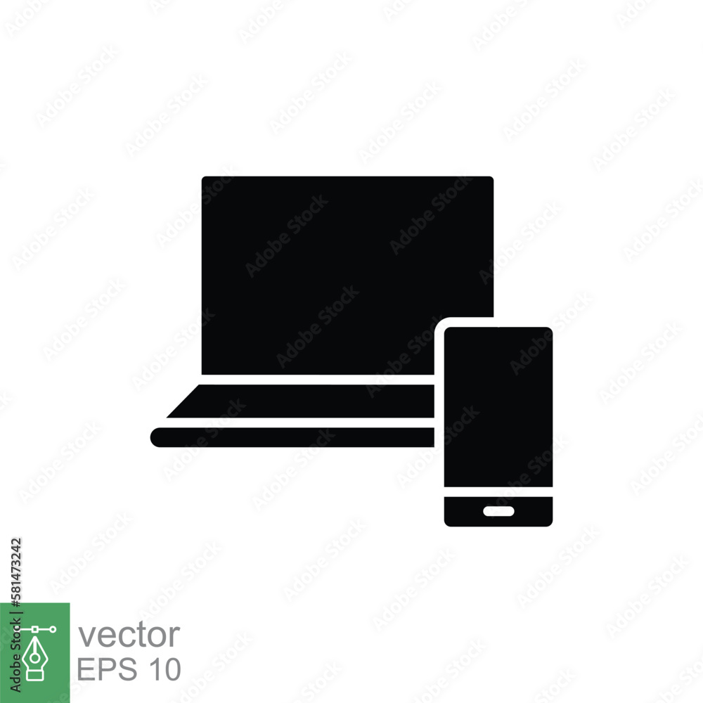 Laptop and mobile phone icon. Simple solid style. Desktop, device, screen, display, smartphone, responsive concept. Black silhouette symbol. Vector illustration isolated on white background. EPS 10. Laptop and mobile phone icon. Simple solid style. Desktop, device, screen, display, smartphone, responsive concept. Black silhouette symbol. Vector illustration isolated on white background. EPS 10.