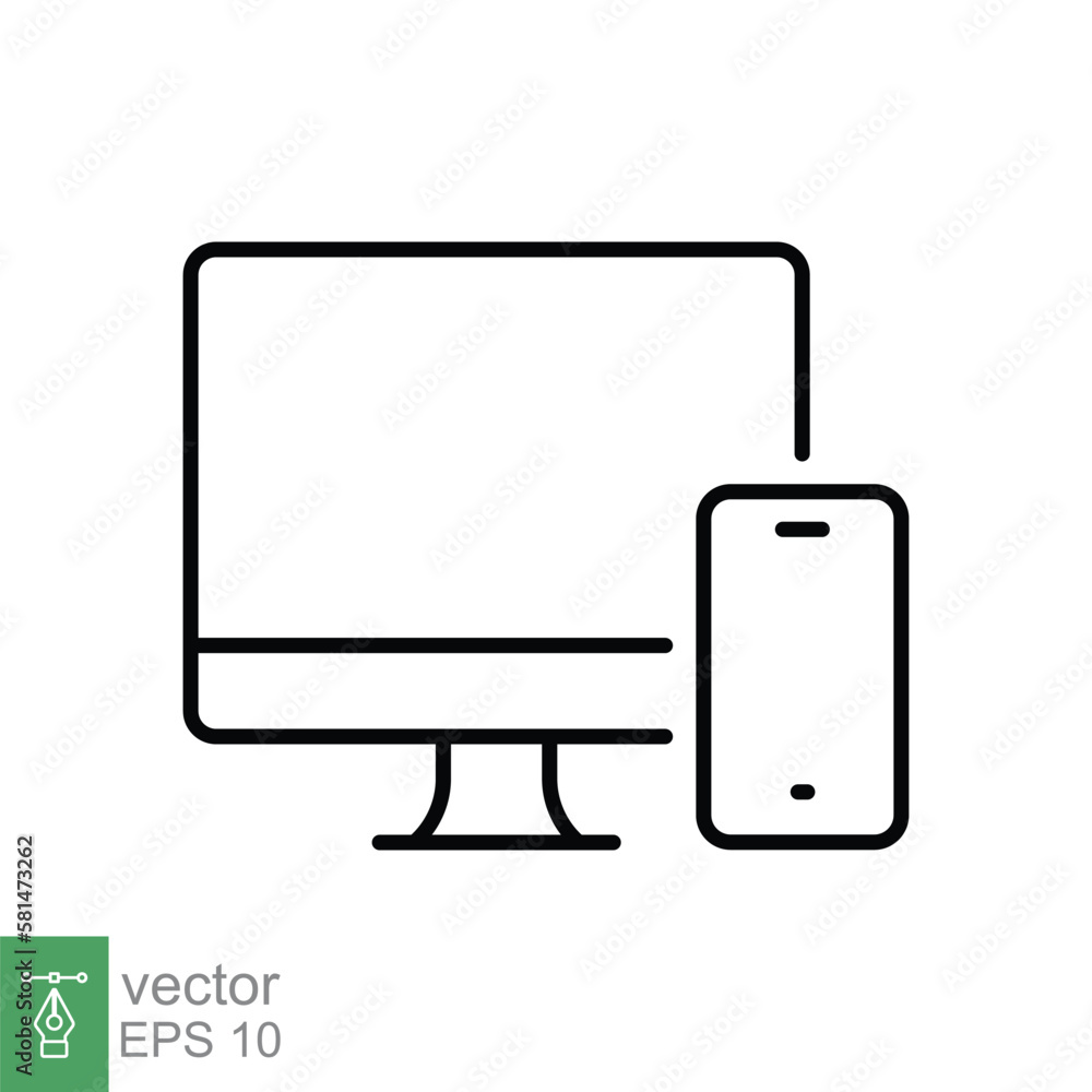 Computer and mobile phone line icon. Simple outline style. Desktop, device, monitor, display, smartphone, responsive concept. Vector illustration isolated on white background. EPS 10. Computer and mobile phone line icon. Simple outline style. Desktop, device, monitor, display, smartphone, responsive concept. Vector illustration isolated on white background. EPS 10.