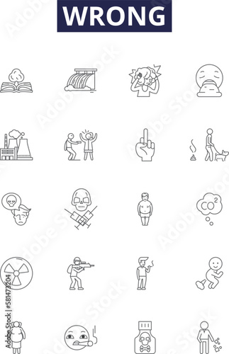 Wrong line vector icons and signs. Faulty, Erroneous, Amiss, Incongruous, Unsuitable, Improper, Invalid, Unjust outline vector illustration set