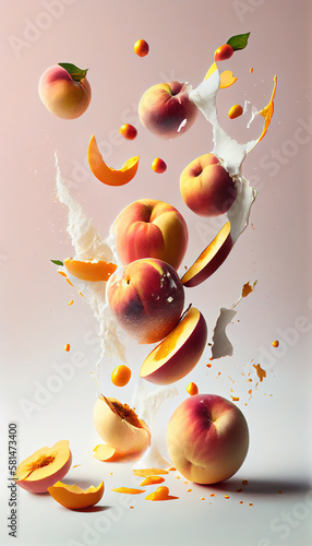 Group of Peaches Fruit Creatively Falling-Dripping Flying or Splashing on White Background AI Generative