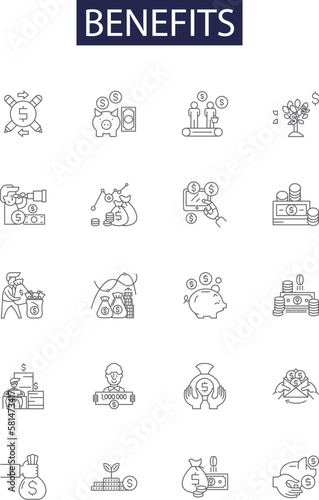 Benefits line vector icons and signs. Advantages, Perks, Profits, Bonuses, Gains, Proficiencies, Dividends, Amenities outline vector illustration set