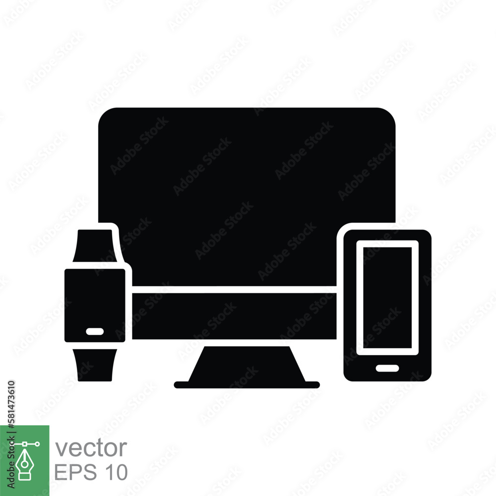 Computer monitor, smartwatch and mobile phone icon. Simple solid style. Cloud connection between various smart devices concept. Black silhouette symbol. Vector isolated on white background. EPS 10. Computer monitor, smartwatch and mobile phone icon. Simple solid style. Cloud connection between various smart devices concept. Black silhouette symbol. Vector isolated on white background. EPS 10.