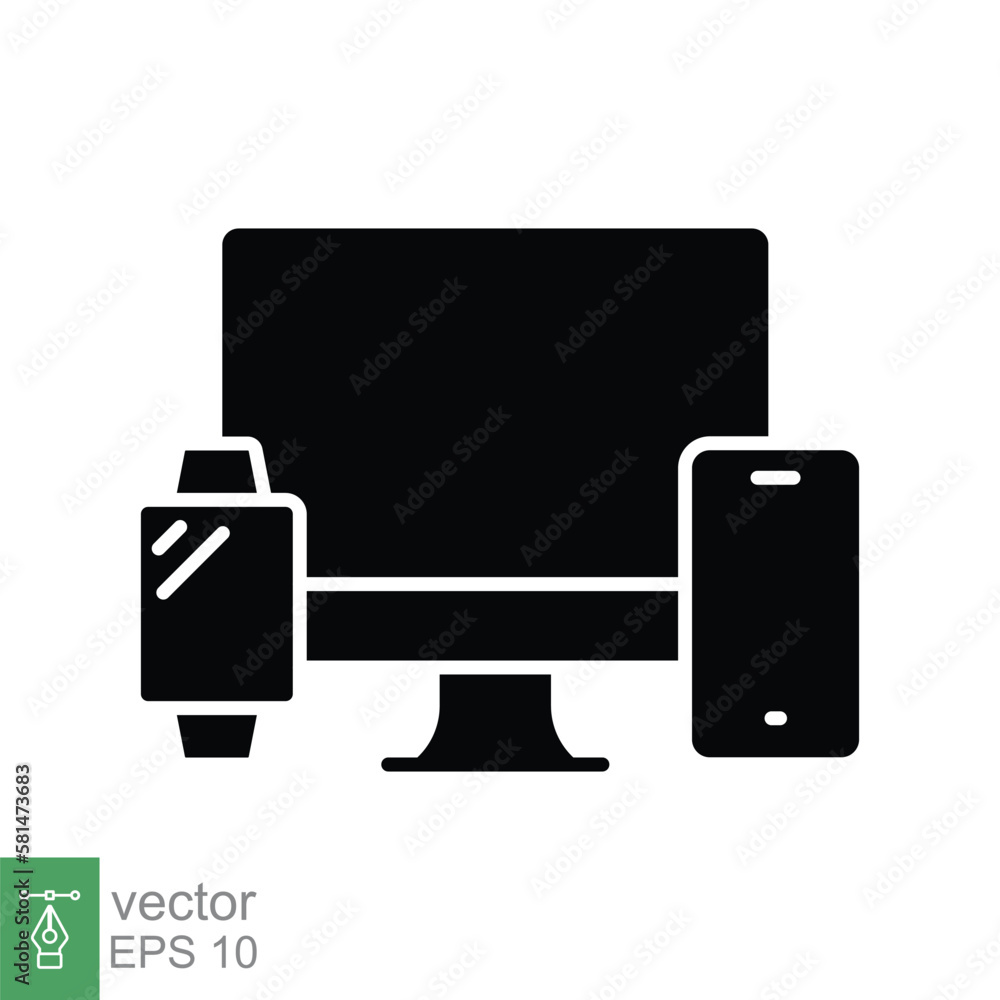 Computer monitor, smartwatch and mobile phone icon. Simple solid style. Cloud connection between various smart devices concept. Black silhouette symbol. Vector isolated on white background. EPS 10. Computer monitor, smartwatch and mobile phone icon. Simple solid style. Cloud connection between various smart devices concept. Black silhouette symbol. Vector isolated on white background. EPS 10.