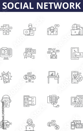 Social network line vector icons and signs. Community, Media, Connection, Interaction, Platform, Connecting, Profiles, Relationships outline vector illustration set