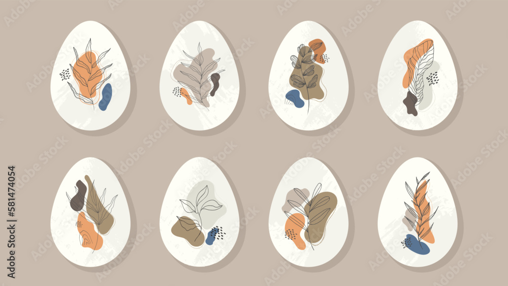 Set of Easter eggs with abstract plants in outline style. Vector illustration