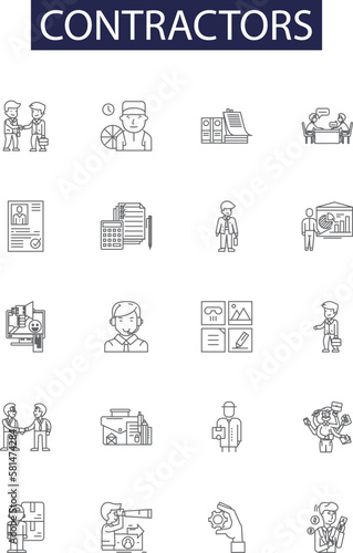 Contractors line vector icons and signs. Subcontractors, Building, Construction, Remodeling, Renovating, Plumbing, Electrical, Carpentering outline vector illustration set