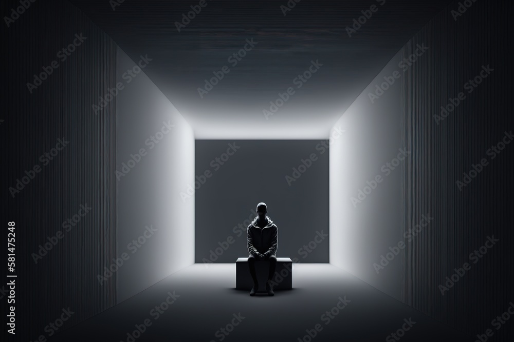 3D illustration of silhouette of a person sitting in empty room in the dark. Mental health and depression concept. Generative AI illustration 3D illustration of silhouette of a person sitting in empty room in the dark. Mental health and depression concept. Generative AI illustration