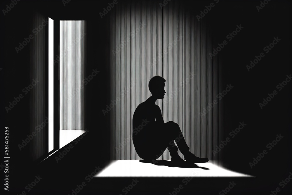Depression and mental health problems. Man sitting on the floor in the dark. Generative AI illustration