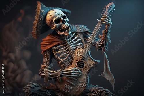 Pirate Skeleton playing Guitar. Generative AI 