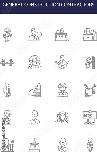 General construction contractors line vector icons and signs. masons, renovators, plumbers, carpenters, electricians, roofers, civil engineers, excavators outline vector illustration set